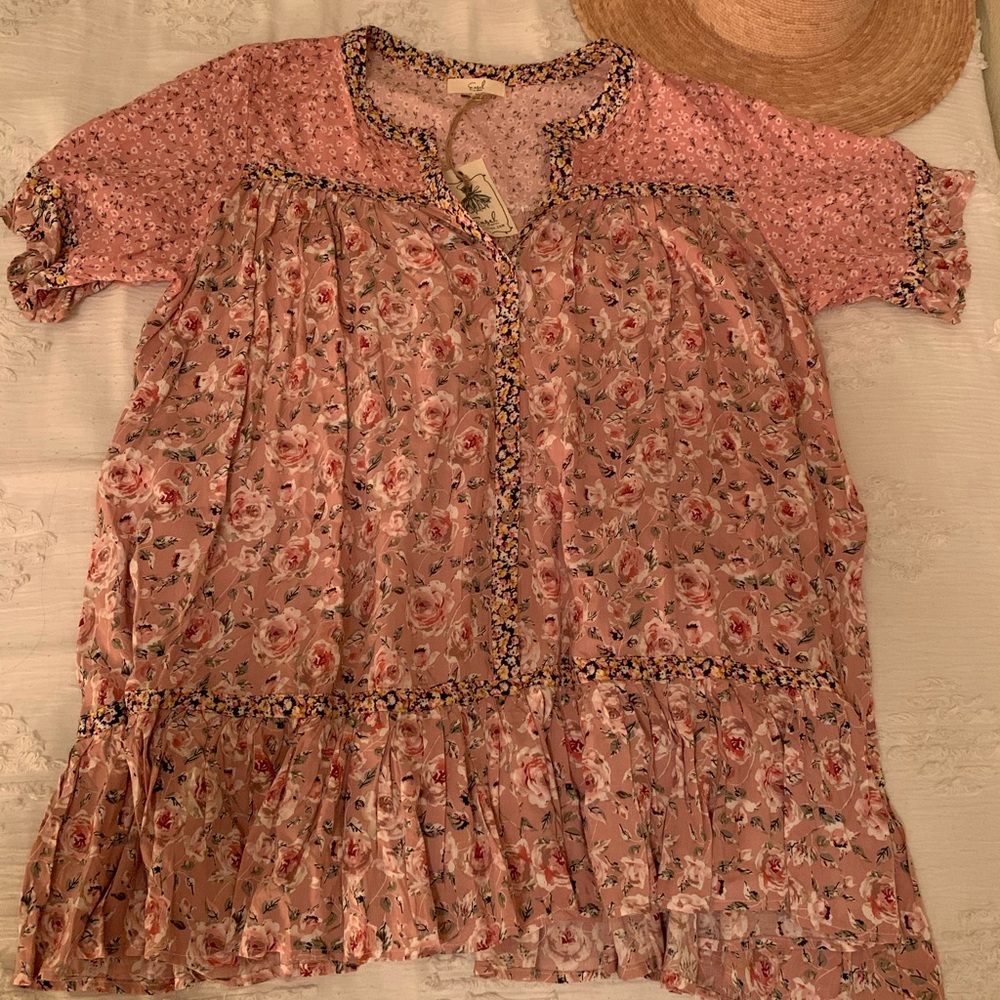 Easel Pink Floral Blouse with Ruffle Hem